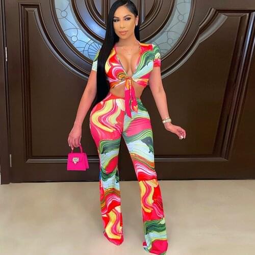 Womens Tracksuit Pattern Print V-neck Short Sleeve Crop Top and Flare Bell Bottom Trouser Summer Bow Tie Bandage 2 Piece Set