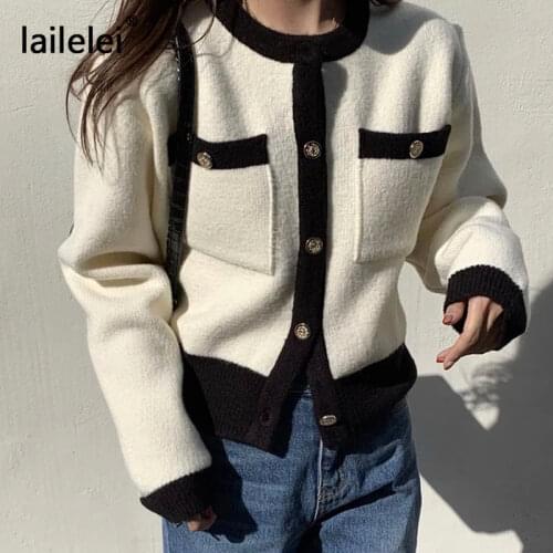 Button O-Neck cropped cardigan knitted gilet femme manche longue chic korean style winter clothes women knitted white autumn