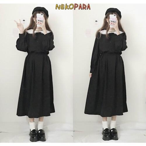 Sweet Girl Womens Winter Fall Dress Long Sleeve Peter Pan Collar A-Line Dress One Piece Color Black 2018 Autumn Elegant Vintage