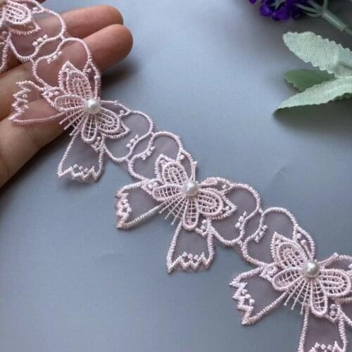2 Yard Pink Lace Trim Ribbon Mesh Pearl Vivid Lovely Double Layer Bowknot Embroidered Patches Applique Fabric Wedding Supplies
