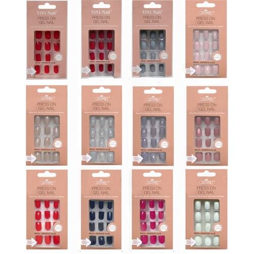 24pc Nails Art Fake Nail Tips False Press on Coffin with Glue Stick Designs Clear Display Short Set Full Cover Artificial Square