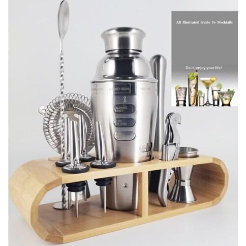 12pcs/set Stainless Bar Cocktail Shaker Set Barware Set Shaker Set with Bamboo Wooden Rack Stand Free Shipping