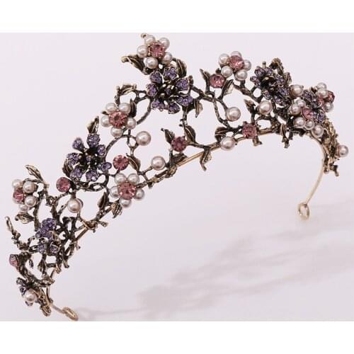 Baroque Vintage Black Purple Crystal Pearls Bridal Tiaras Crown Rhinestone Pageant Diadem Veil Tiara Wedding Hair Accessories