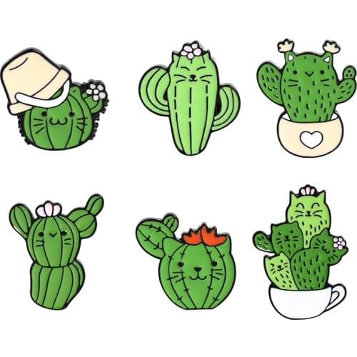 Cactus Enamel Pins Kitten Face Cactus Brooches Shirt Lapel Bag Funny Plant Badge Jewelry Gift for Kids Friends 2021 Wholesale