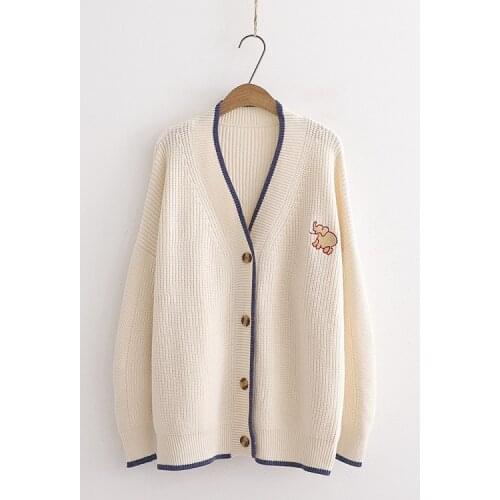 Urifens 2021 New Autumn And Winter Cardigan Wild Literary Fan Simple Solid Color Knitted Elephant Embroidery Cardigan Coat T414