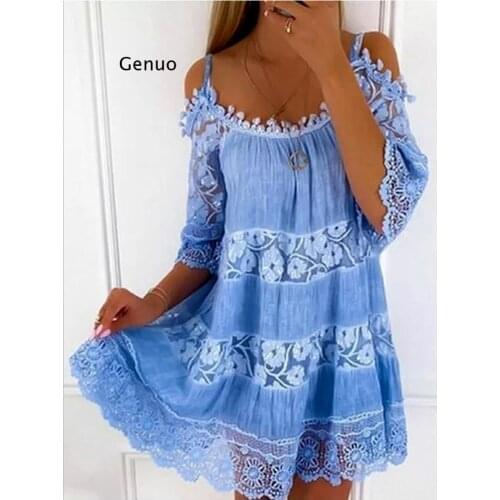 Lace flower women Dress Elegant Summer lace-up Loose Dress 2021 Fashion Hollow Out Top Sexy Lady Offical Clothes