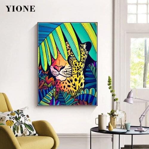 Cartoon Leopard with Leaves Wall Painting Colorful Tropical Plants Animals Canvas Art Picture Poster Prints for Living Bedroom