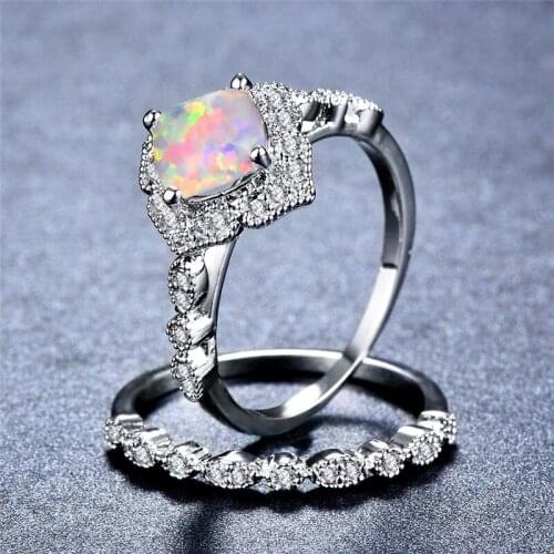 Cute Boho Female White Blue Opal Ring Set Crystal Silver Color Wedding Rings For Women Trendy Bridal Square Engagement Ring