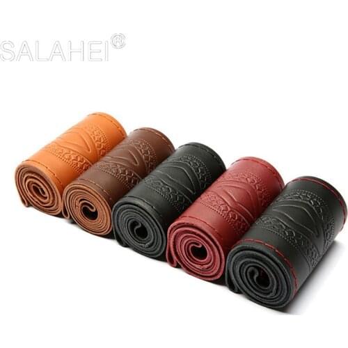38CM Universal Car Genuine Leather Embossed High Quality Car Steering Wheel Cover Steering-wheel Wrap Braid With Needle Thread