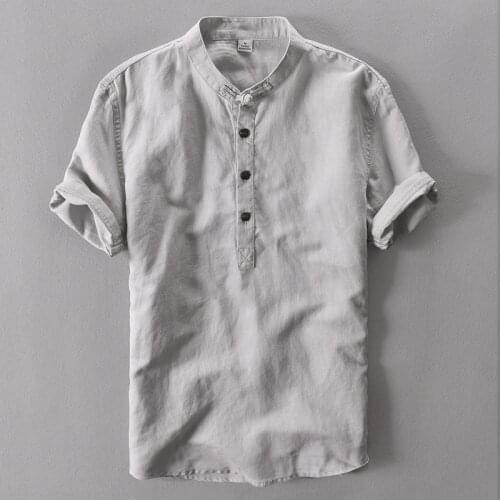 Mens Casual Cotton Linen Shirts Summer Brand Short Sleeve Shirt Mandarin Collar Solid Color Retro Shirt Tees