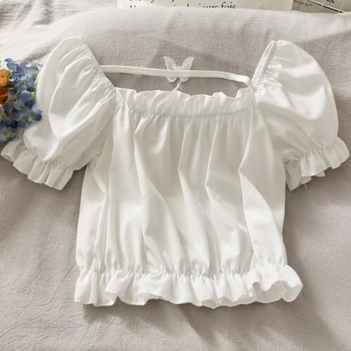 Abrini Butterfly Sexy Blouse Short Sleeve Chiffon Blouse Harujuku Off Shoulder Crop Tops Slim Elastic Cute Blouses 2021 Summer