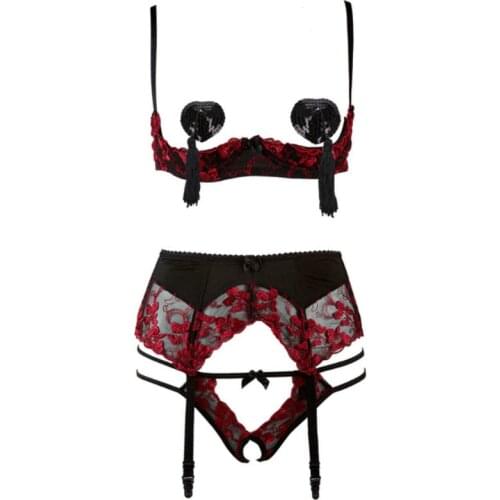 Porno Sex Underwear V-neck Lingerie Straps Bra and Panty Garter Underwear Lingerie Sexy Femme Lace Babydoll Chemise