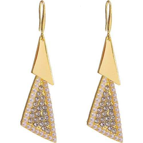 New Double Triangle Inlaid Crystal Imitation Pearl Fashion Womens Versatile Earrings And Earrings Wholesale Aretes De Mujer