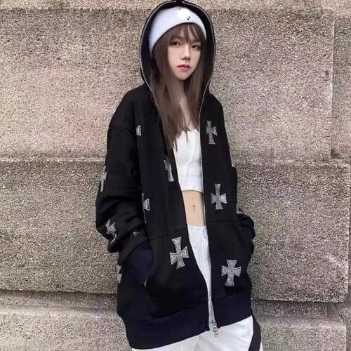 Rhinestone Goth Streetwear Long Sleeve Cross Graphics Zip Hoodie Y2k Hip Hop Sweatshirt Korean Fashion Punk Sport Coat Pullover