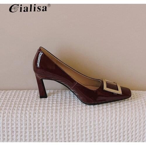 CIALISA Women Shoes Office Lady Thick Heel Square Toe Leather Pattern Womens Shoes High Heel Pump