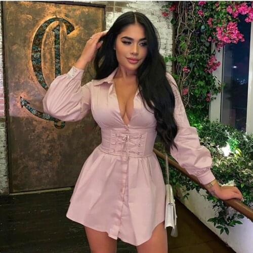 Europe Vintage OL White Shirt Dress With Corset Belt Autumn Womens Single-breasted Long Sleeve Elegant Party Pink Sexy Dresses