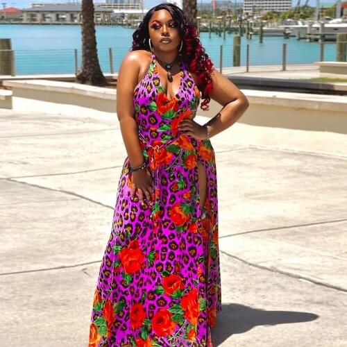 XL-4XL Plus Size Floral Leopard Print Maxi Dress Women Deep V Neck Sleeveless Floor Length Dress Vintage Side Split Vestidos