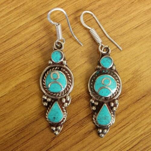 ER173 Nepal Indian Jewelry Handmade Earrings Copper Inlay Turquoises Stone Dangle Earrings For Women