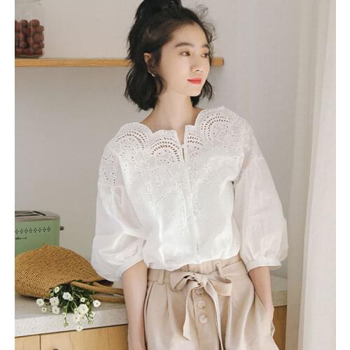 Ladies Blouses Cotton Sweet Cute Short Sleeve White Shirt Summer Korea Fashion Women Shirt Loose Off Shoulder Hollow Out