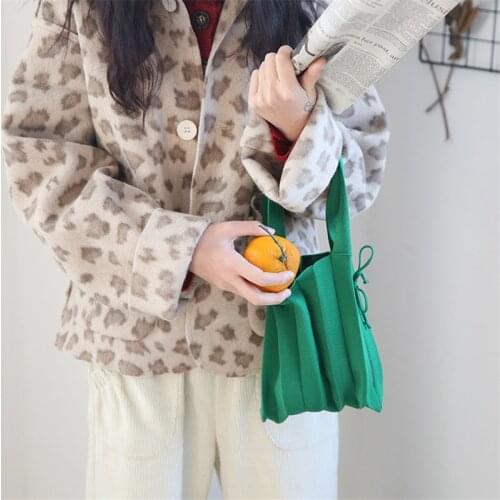 Women Knitted foldable Handbag Eco-friendly Reusable Portable Simple Fashion Solid Color Pocket Tote Bags Casual Shopping Bags