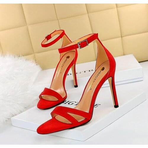 2021 Women 10.5cm High Heels Flock Stripper Sandals Female Fetish Strappy Red Shoes Lady Valentine Red Summer Classic Sexy Pumps