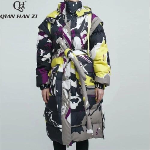 New fashion 90% white duck down long down jacket Women vintage camouflage print belt slim thick winter down coat warm Overcoat