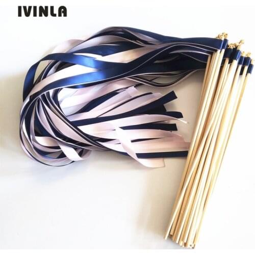 50pcs/lot Navy abd Pink wedding ribbon wands with gold bell for wedding decoration