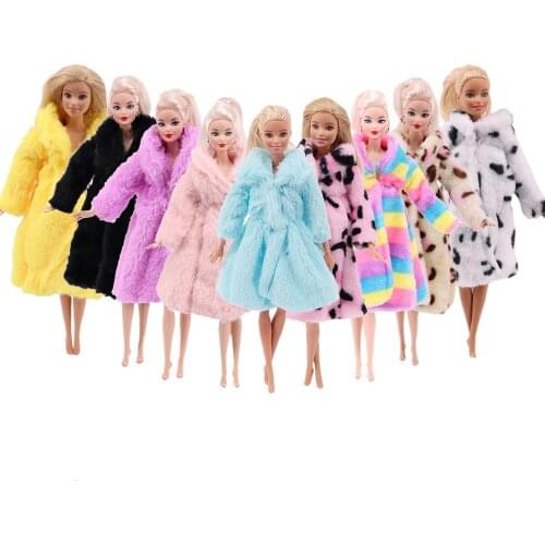 Barbies 1Set Handmade Long Sleeve Fur Coat Leopard Outfit Flannel Dress Pajamas Doll Accessories For Barbie Doll Girl`s Toy Gift
