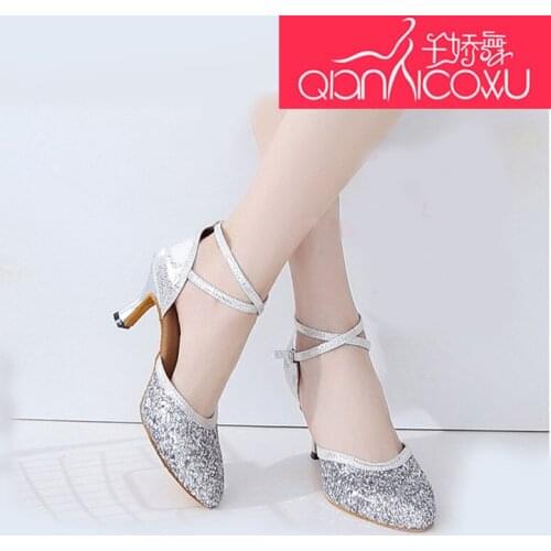 Flashing Golden Latin Dance Shoes Female Adult High-Heeled Spring Summer Baotou Square Dance Sandals Ballroom Dancing Silver7122