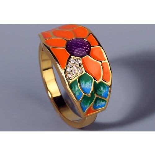 Exquisite handmade enamel epoxy ladies golden ring sunflower orange zircon ring ladies party jewelry 925 silver ring