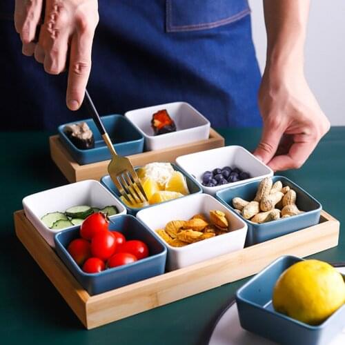Ceramic grid fruit plate snack plate serving platter Japanese small dish with tray Home desktop dried fruit snack tray