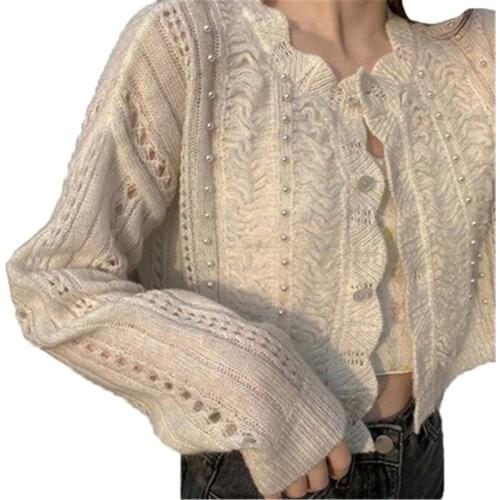 New Fashion Leisure Slim Popular Vintage Elegant O-Neck All-match tops Korean Basic Cardigan Women Hollow Out Solid Sexy Ladies