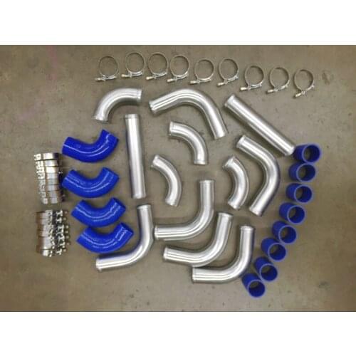 New Intercooler 2.25" 57mm aluminum universal Turbo Piping pipe +Blue hose+Clamps