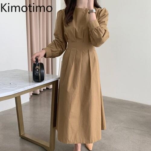 Kimotimo Women Dress Korean Chic Simplicity O-neck Creasing Back Bow Belt Waist Autumn Puff Sleeve Solid Long Dresses All-match