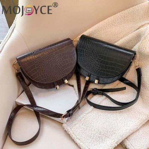 Women Solid Color PU Leather Handbag Luxury Semicircle Small Shoulder Bag Retro Alligator Pattern Crossbody Saddle Bags