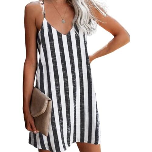 6 Colors S-3XL Summer Oversized Women Loose Twill Striped Printed Slip Mini Dress WDC6971