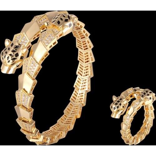 Zlxgirl jewelry Jet Enamel leopard animal bangle and bracelet fashion women size Gold plated copper bracelet ring accessory sets