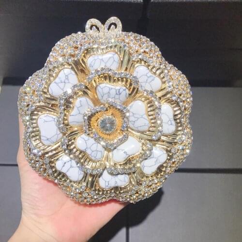 Round Women Crystal Clutch Marbling Petals Flower Evening Purse Mini Minaudiere Handbag Wedding Party Bridal Chain Shoulder Bag