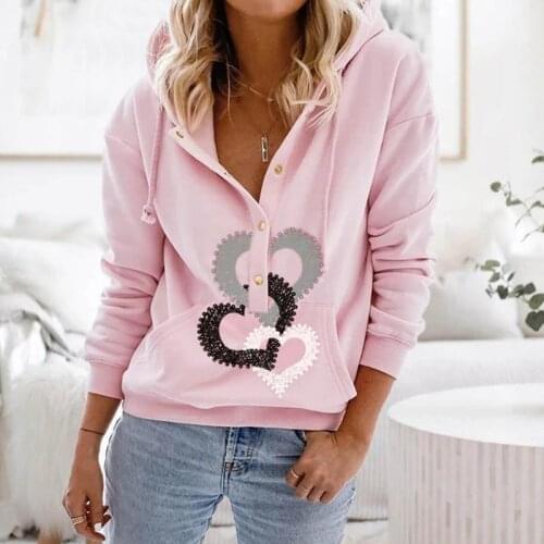 Elegant Women Long Sleeve Button Hoodies Casual Lady Print Loose Sweatshirts Tops Autumn Femme Pocket Pullover Streetwear Hooded