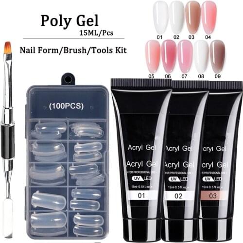 100 pcs Nail Acrylic False Fake Quick Building Mold Tips & Dual-Ended Extension Nail Brushes+15ml Acrylic Gel For Nail Extension