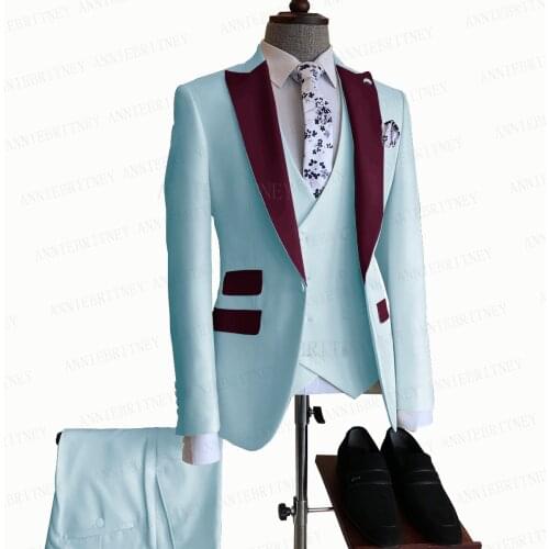 2021 Sky Blue Groom Wedding Suit 3 Pieces Custom Made Singer Men Slim fit Suit Jacket Vest Pants Burgundy Lapel Dress Tuxedo Set
