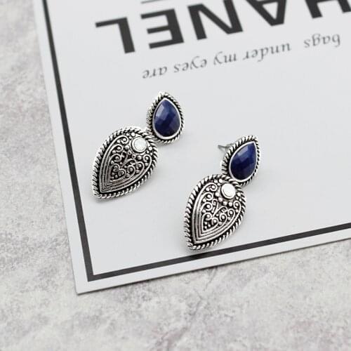 Bohemian Blue Crystal Alloy Carving Cameo Flower Bead Inlaid Earrings Ethnic Totems Elegant Ladies Party Dinner Body Jewelry