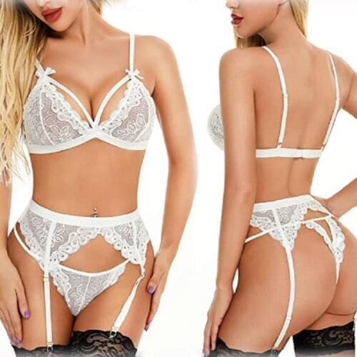 Hot Selling Sexy Underwear Lace Bow Print Bra And Panty High Waist 3 Pieces Sexi Babysuit Lingerie Women Set
