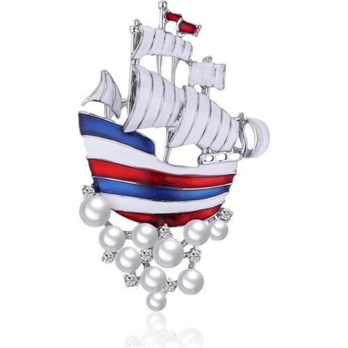 Imitation Pearl Spindrift Brooches Blue Red White Enamel Sailing Brooch for Women Men Vintage Pin Jewelry Accessories AL572