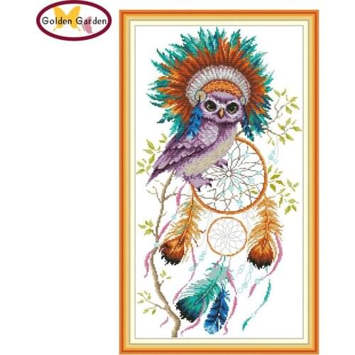 GG Owl Dream Catcher Paintings Chinese Stamped Cross Stitch Animal Joy Sunday Embroidery Needlework Cross Stitch for Home Decor