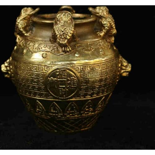 Chinese Folk Bronze Brass Wealth Lion Golden Toad Spittor Pot Jar Crock Statue Desk Decoration Home Accessories Collection
