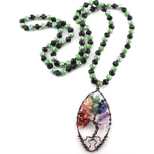MOODPC Fashion Glass Long Knotted Crystal Necklaces 7 Chakra Life Pendant Women Ethnic Necklace