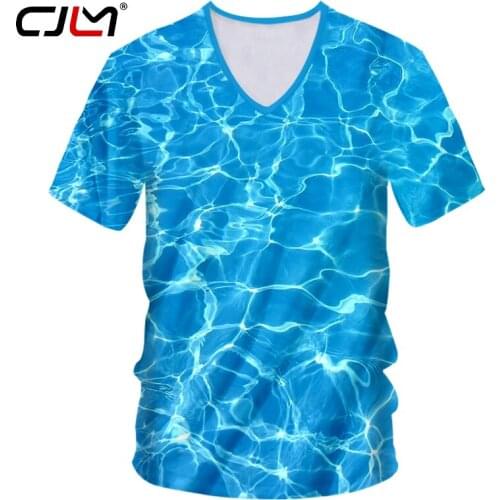 CJLM Personality Big Size 5XL Mens V Neck Tshirt 3D Blue Water New Man Tee Shirt Printed Ocean wave Web Clothing Drop Shipping