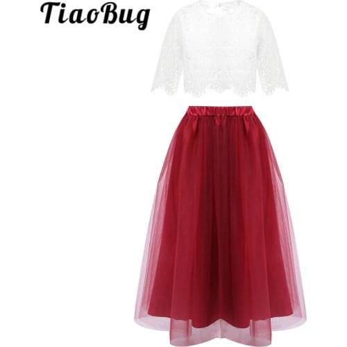 Flower Girl Dress For Wedding Princess Vestidos Childrens Hollow Out Floral Lace Top with Skirts 2Pcs Girls Elegant Outfits