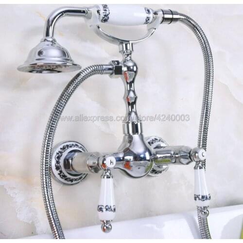 Polished Chrome Wall Mounted Bathroom Faucet Bath Shower Mixer Tap With Hand Shower Head Shower Faucet Sets Kna208